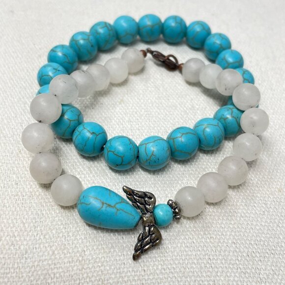 Guardian Angel Bracelet Set of 2 Faux Turquoise Blue Beads Coastal Cowgirl - Picture 1 of 4